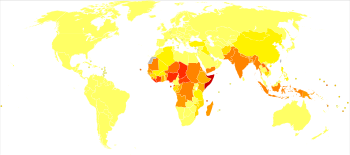 Disability-adjusted life year for measles per 100,000 inhabitants in 2004.
.mw-parser-output .div-col{margin-top:0.3em;column-width:30em}.mw-parser-output .div-col-small{font-size:90%}.mw-parser-output .div-col-rules{column-rule:1px solid #aaa}.mw-parser-output .div-col dl,.mw-parser-output .div-col ol,.mw-parser-output .div-col ul{margin-top:0}.mw-parser-output .div-col li,.mw-parser-output .div-col dd{page-break-inside:avoid;break-inside:avoid-column}
.mw-parser-output .legend{page-break-inside:avoid;break-inside:avoid-column}.mw-parser-output .legend-color{display:inline-block;min-width:1.25em;height:1.25em;line-height:1.25;margin:1px 0;text-align:center;border:1px solid black;background-color:transparent;color:black}.mw-parser-output .legend-text{}
no data
<= 10
10-25
25-50
50-75
75-100
100-250
250-500
500-750
750-1000
1000-1500
1500-2000
>= 2000 Measles world map - DALY - WHO2004.svg