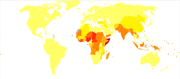 Disability-adjusted life year for measles per 100,000 inhabitants in 2004   no data   ≤ 10   10–25   25–50   50–75   75–100   100–250   250–500   500–750   750–1000   1000–1500   1500–2000   ≥ 2000
