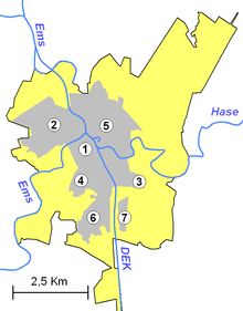 Meppen in den Grenzen vom 1. Juli 1967 – Nummerierung der Stadtteile innerhalb der Kernstadt – Grau: Bebaute Fläche (Stand 2006).