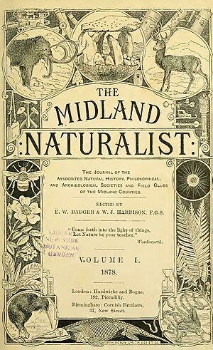 alt= The Midland Naturalist The Journal of The Associated Natural History, Philosophical, And Archæologigal Societies and Field Clubs of the Midland Counties Edited By K. W. Badger & W. J. Harrison, F.G.S. "Come forth into the light of things, "Let Nature be your teacher.” Wordsworth. VOLUME I. 1878. London: Hardwicke and Bogue, 192, Piccadilly. Birmingham : Cornish Brothers, 37, New Street.