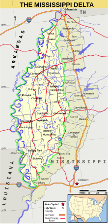 Map of the Mississippi Delta Region (outlined in green)