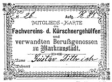 Mitgliedskarte der Kürschnergehülfen und verwandten Berufsgenossen zu Markranstädt, Gustav Dittrich (1883)