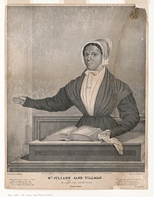 Lithograph of Juliann Jane Tillman (1844) Mrs. Juliann Jane Tillman, preacher of the A.M.E. Church - from life by A. Hoffy ; printed by P.S. Duval. LCCN96508292.jpg