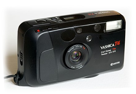A film point-and-shoot camera made by Yashica with a Tessar lens, early 1990s