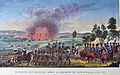 Dieses Bild zeigt, wie Napoleon flieht. Kanonen schießen immer noch auf seine Truppen, die den Fluss Elster überqueren.