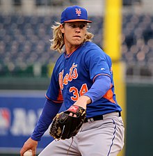 Syndergaard with the Mets in 2015 Noah Syndergaard throws live BP (22520571649).jpg