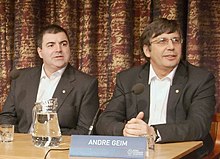 Konstantin Novoselov (left) and Andre Geim (right) at a 2010 Nobel Prize press conference Nobel Prize 2010-Press Conference KVA-DSC 8009cr.jpg