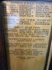 Oak panel from York Minster's Five Sisters window memorial including ten Women's Land Army who died in the line of service Oak panel from York Minster's Five Sisters window memorial inc Women's Forage Corps.jpg