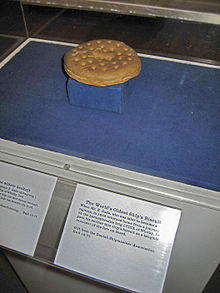 Ship's biscuit from c. 1852 on display in Kronborg, Denmark Oldest ship biscuit-Kronborg-DK.JPG