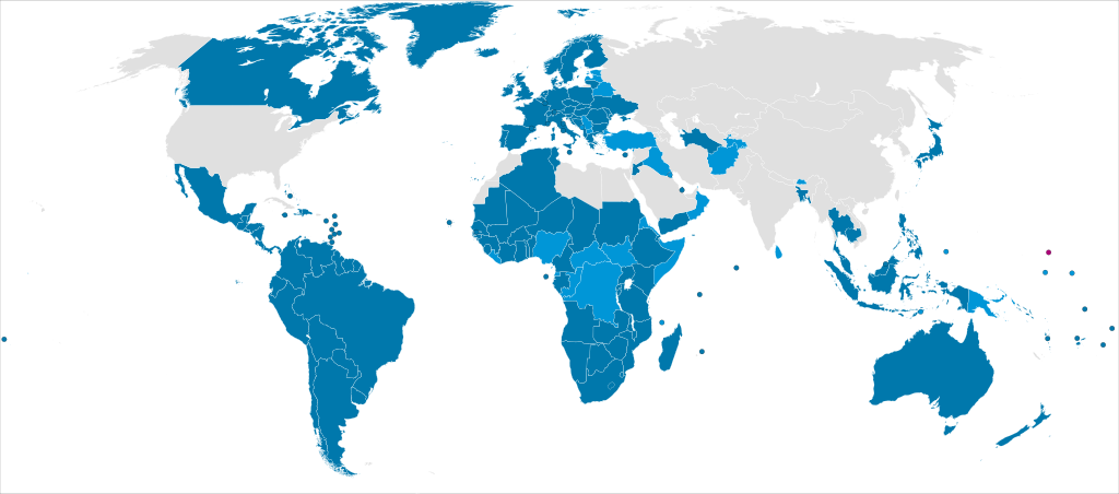 En azul, los Estados firmantes del Tratado de Ottawa (Convención sobre la Prohibición Total de Minas Antipersonales).