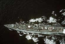 Overhead view of Buchanan underway in the Pacific Ocean, in 1990 Overhead view of USS Buchanan (DDG-14) underway in the Pacific Ocean, in 1990 (6467508).jpg
