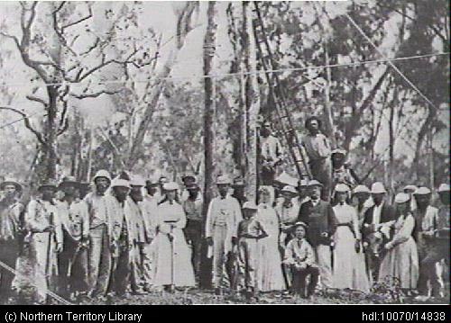 Planting the first telegraph pole, near Palmerston (Darwin) in September 1870.