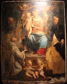 Perino del Vaga, Madonna na tronie z Dzieciątkiem między św. Dominikiem a św. Franciszkiem, 1534–1535, kościół San Giorgio di Bavari