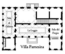 Imagen de un plano de construcción en forma de U con inscripciones que nombran los diferentes lugares.