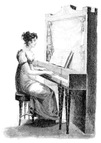Gravure. Jeune femme jouant, assise devant un piano droit