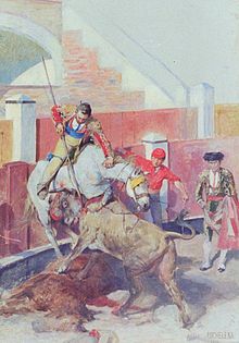 Acculés contre une barrière, un picador sur un cheval encorné par un taureau. Un matador et un peón observent la scène.
