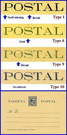 Four of ten (printed 2x5) possible types shown in this partial plating of the 1896 Cuban postal cards. The full 4 centavos card is shown as well. Plating1896PostalCardCuba.jpg