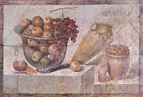 Still life with glass bowl of fruit and vases, Pompeian painter, 63-79 A.D.