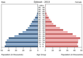 English: The population pyramid of Djibouti illustrates the age and sex structure of population and may provide insights about political and social stability, as well as economic development. The population is distributed along the horizontal axis, with males shown on the left and females on the right. The male and female populations are broken down into 5-year age groups represented as horizontal bars along the vertical axis, with the youngest age groups at the bottom and the oldest at the top. The shape of the population pyramid gradually evolves over time based on fertility, mortality, and international migration trends. Українська: Віково-статева піраміда населення Джибуті за 2013 рік. Вона дає наочне уявлення про вікову і статеву структура населення країни, може слугувати джерелом інформації про політичну і соціальну стабільність, економічний розвиток. Блакитними кольорами ліворуч, у вигляді горизонтальних смуг показані вікові групи (з кроком 5 років кожна) чоловічої статі, праворуч рожевими — жіночої. Наймолодші вікові групи — внизу, найстаріші — вгорі. Форма піраміди поступово еволюціонує з плином часу під впливом чинників народжуваності, смертності і світової міграції.