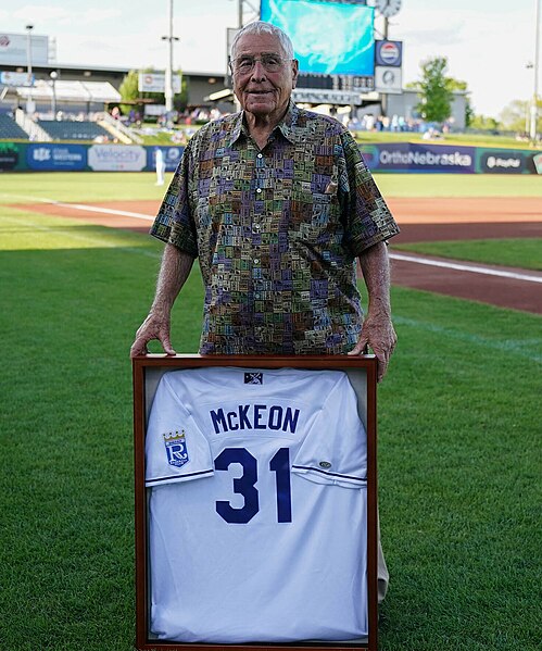 McKeon during a number retirement ceremony hosted by the Omaha Storm Chasers in May 2024