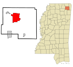 Prentiss County Mississippi Incorporated and Unincorporated areas Booneville Highlighted.svg