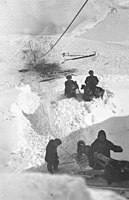 Titled: "Preparing to send the dogs to the top of the Shackleton Shelf by means of the flying-fox" it is actually taken after the "Hauling the dogs up the flying-fox at The Grottoes (see footprints in the snow and less dogs). If the identification from the nine tethered out is correct, then the dog being hauled up is probably Nansen (it's probably the second dog from the front in that pic as it is the only one with matching markings)