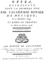 English: Rameau - Zoroastre - title page of the libretto, Paris 1756.png