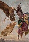Ravana kills Jathayu; the captive Sita despairs, by Raja Ravi Varma