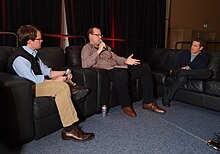 Staten (left) discusses building game franchises at the 2010 Game Developers Conference. Ray Muzykaj Joseph Staten Geoff Keighley GDC 2010 - Day 2.jpg