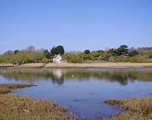 River Yar at Freshwater, with the tower of All Saints' Church, Freshwater visible above the trees.