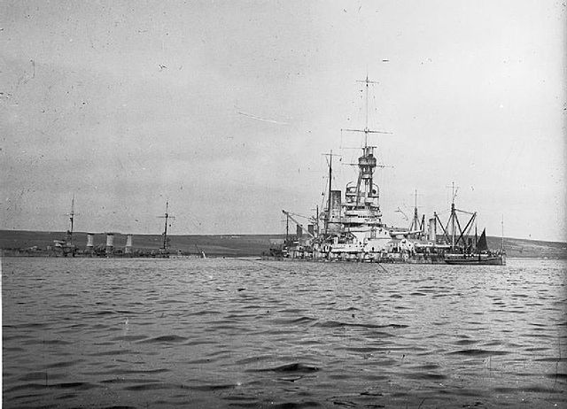Salvage work in progress on Baden at Scapa Flow. The cruiser Frankfurt is also in view.
