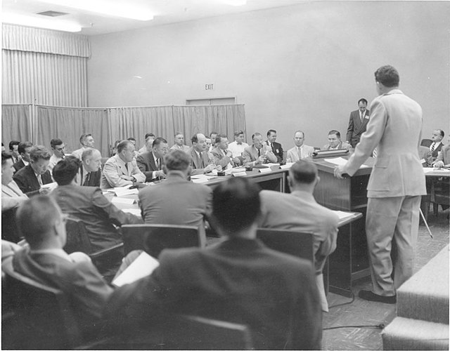 Schriever addressed a session of the Scientific Advisory Board in 1955. In the front row (left to right) are George McRae, Charles Lindbergh, Thomas S