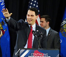 Walker after winning re-election as governor of Wisconsin in 2014 Scott Walker 2014 Wisconsin Governor Victory Party.jpg