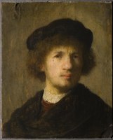 Small self-portrait on copper with beret and gathered shirt (‘stilus mediocris’) by Rembrandt (1630) (Nationalmuseum Stockholm)[20]