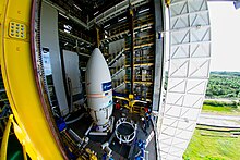 Sentinel-2A in the Vega fairing before launch in Kourou, French Guiana Sentinel-2A in the gantry.jpg