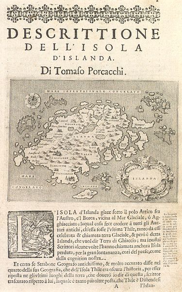 Girolamo Porro, Antique map of Iceland, from the National and University Library of Iceland and the Central Bank of Iceland (1572) Si0099x1024.jpg