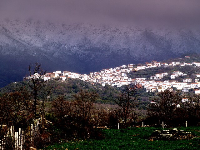 A view of the Sierra de Gata peaks in the background over a mountain village