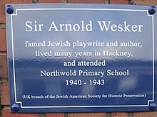 Commemorative plaque to Wesker at Northwold Primary School in Hackney: famed Jewish playwrite [sic] and author