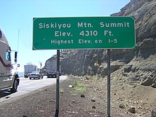 Siskiyou Mountain Summit sign along Interstate 5, marking the highest point along the highway at 4,310 ft (1,310 m) SiskiyouSummit.jpg