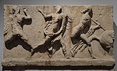 Slab from the Amazonomachy frieze from the Mausoleum at Halikarnassos, Mausoleum at Halicarnassus, British Museum (8244582231).jpg