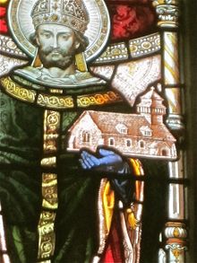 St Tyssul holding Llandyssil Church (window in Montgomery church) St Tyssul 01.jpg