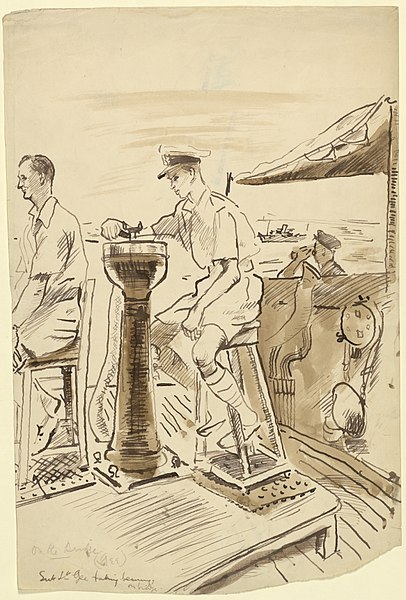 File:Sub-lieutenant Gee taking bearings on the Bridge. Art.IWMART15249.jpg