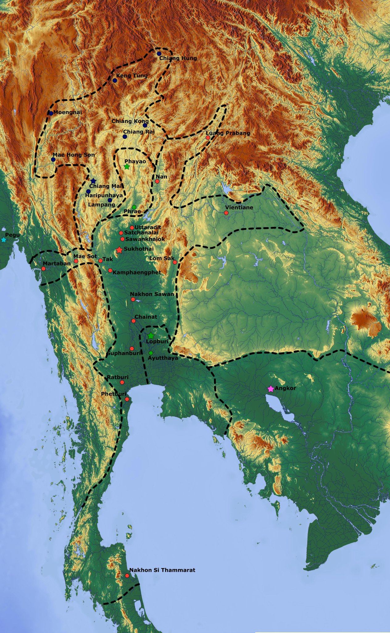 The Sukhothai Kingdom at its greatest extent during the late 13th