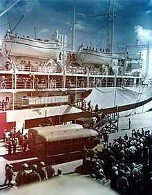 Survivors of USS Indianapolis (CA-35) arrive at Guam on August 8, 1945 Survivors of USS Indianapolis (CA-35) arrive at Guam in August 1945.jpg