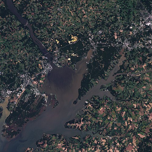 Satellite photo of the river (upper left) where it empties into the Chesapeake Bay (center)