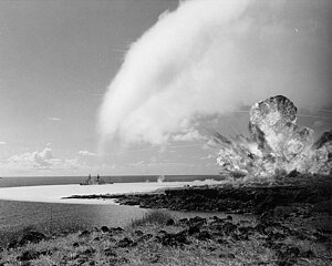 Operation "Sailor Hat", 1965. The detonation of the 500-ton TNT explosive charge for test shot "Bravo", first of a series of three test explosions on the southwestern tip of Kahoʻolawe Island, Hawaii, February 6, 1965