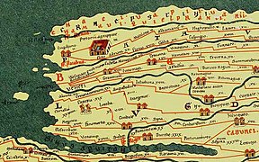 Detail of the Tabula Peutingeriana from 1st-4th century, (Juliobona is at the center)