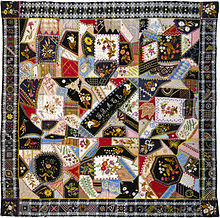 Tamar Horton Harris North. "Quilt (or decorative throw), Crazy pattern". ~1877. 54
.mw-parser-output .frac{white-space:nowrap}.mw-parser-output .frac .num,.mw-parser-output .frac .den{font-size:80%;line-height:0;vertical-align:super}.mw-parser-output .frac .den{vertical-align:sub}.mw-parser-output .sr-only{border:0;clip:rect(0,0,0,0);clip-path:polygon(0px 0px,0px 0px,0px 0px);height:1px;margin:-1px;overflow:hidden;padding:0;position:absolute;width:1px}
1/2 x 55 in. Metropolitan Museum of Art. Tamar Horton Harris North - Quilt (or decorative throw), Crazy pattern.jpg