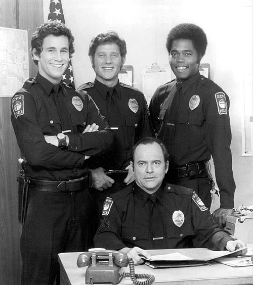 Cast of The Rookies. Standing from left, Michael Ontkean, Sam Melville, Georg Stanford Brown. Seated, Gerald S. O'Loughlin.