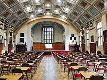 The Shirley Hall was built on the site of the tennis courts and opened by the Queen Mother in 1957. Assemblies, plays, concerts and public examinations all take place here. Underneath the Hall is the Pupils' Social Centre The Shirley Hall.jpg